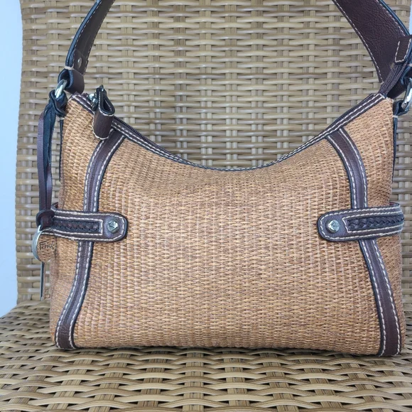 Fossil Bag Satchel Tan Straw Material Brown Leather Shoulder Strap Key Charm - Picture 2 of 16
